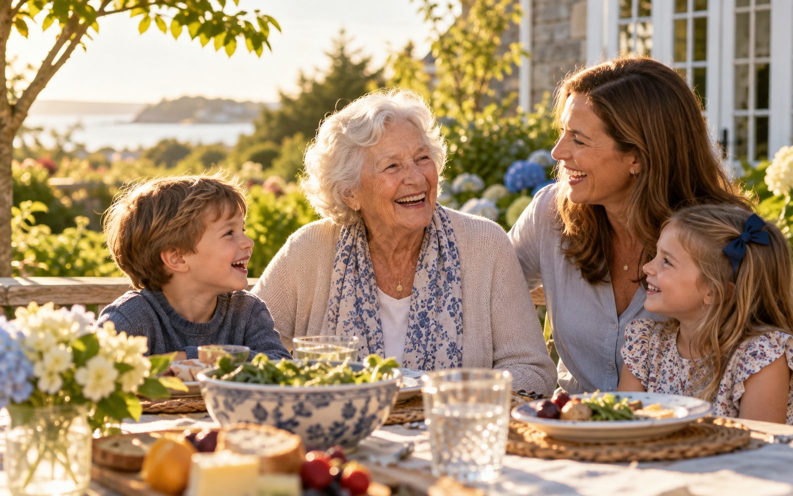A grandmother laughing at a sunny outdoor lunch with her daughter and two grandchildren, the harbor behind them